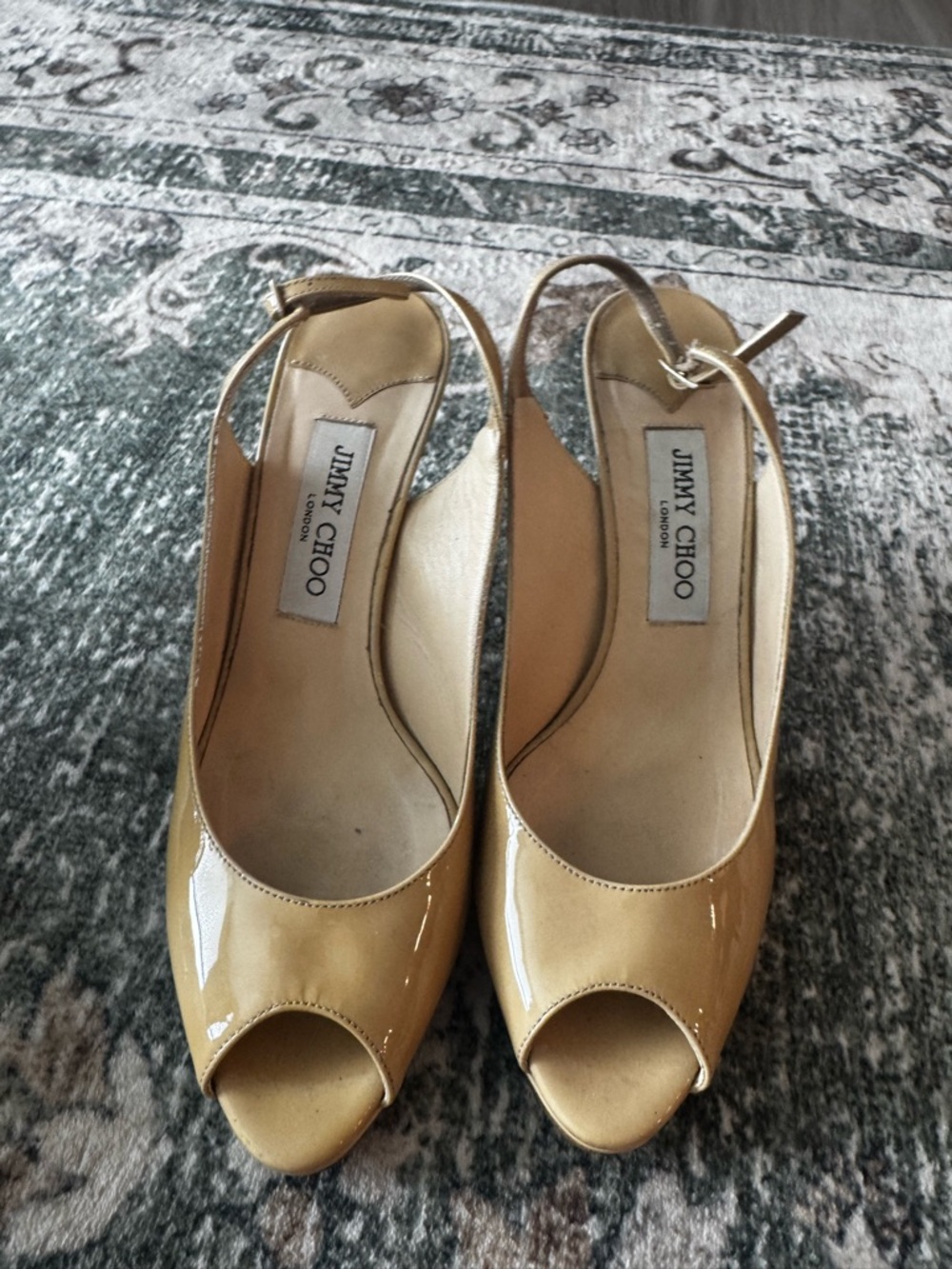 Jimmy Choo Tan Patent Leather Peep-Toe Slingbacks